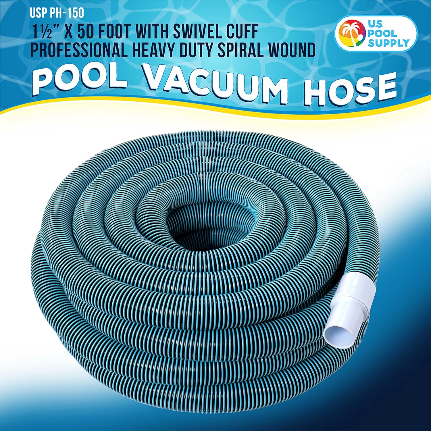 U.S. Pool Supply Pool Vacuum Hose - 1-1/2 x 50' Professional Heavy Duty Pool Hose for Inground, Spiral Wound with Kink-Free Swivel Cuff - Connect to Vacuum Heads, Skimmer, Cleaner, Filter Pump Inlet