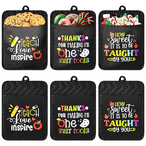 R HORSE 6Pcs Pot Holder with Pocket Funny Teacher Appreciation Gifts Thank You Teacher Pot Holders Kitchen Hot Pads Machine Washable Heat Resistant Oven Mitts for Teacher 's Day Gift Baking Cooking