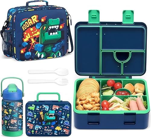 rockpapa Fiambrera Bento de 5 compartimentos para niños con utensilios y botella de agua aislada y bolsa de almuerzo con correa, juego de