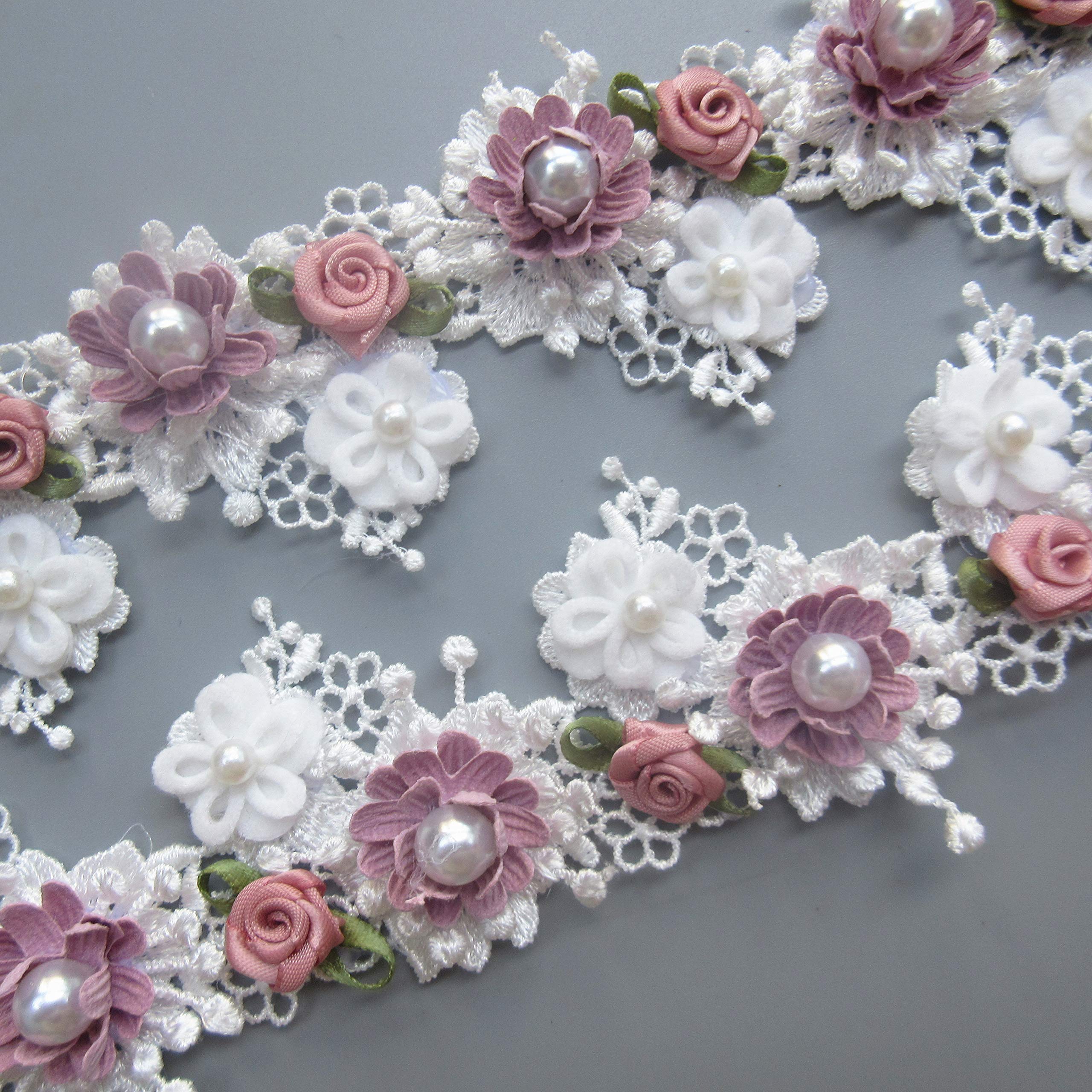 Nastro con bordo in pizzo con rose bianche e perla, larghezza 4 cm, stile vintage, bordatura, in tessuto, ricamato, per cucito, artigianato, abiti da sposa, decorazioni, biglietti, cappelli, vestiti