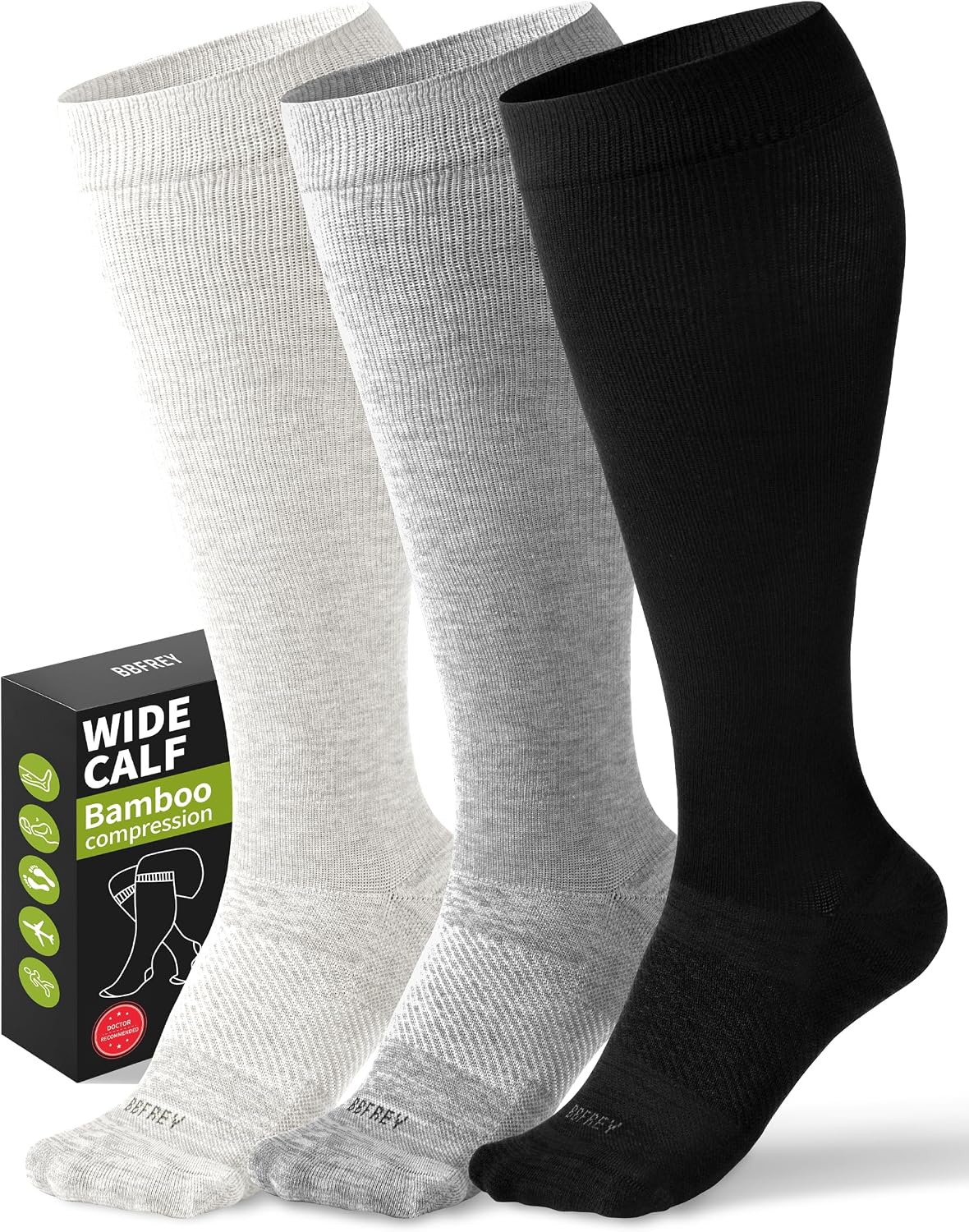 Wide Calf Compression Socks for Women Men Plus Size 20–30 mmHg – Bamboo Viscose Knee High Large Support Socks, 3 Pairs
