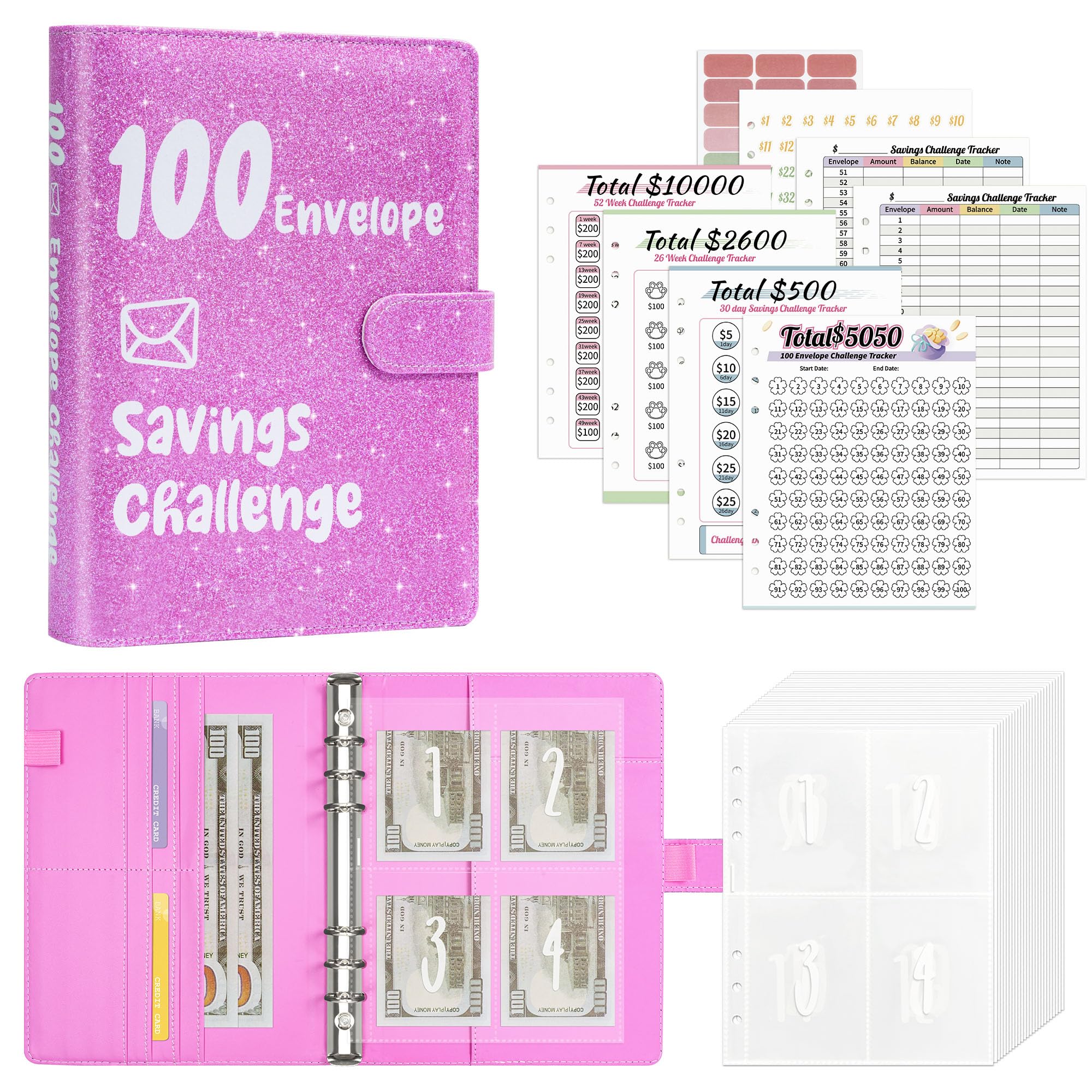 Ospelelf 100 Envelopes Money Saving Challenge Budget Book, 52 Week Budget Binder with Cash Envelopes to Save $10,000, Glitter Purple