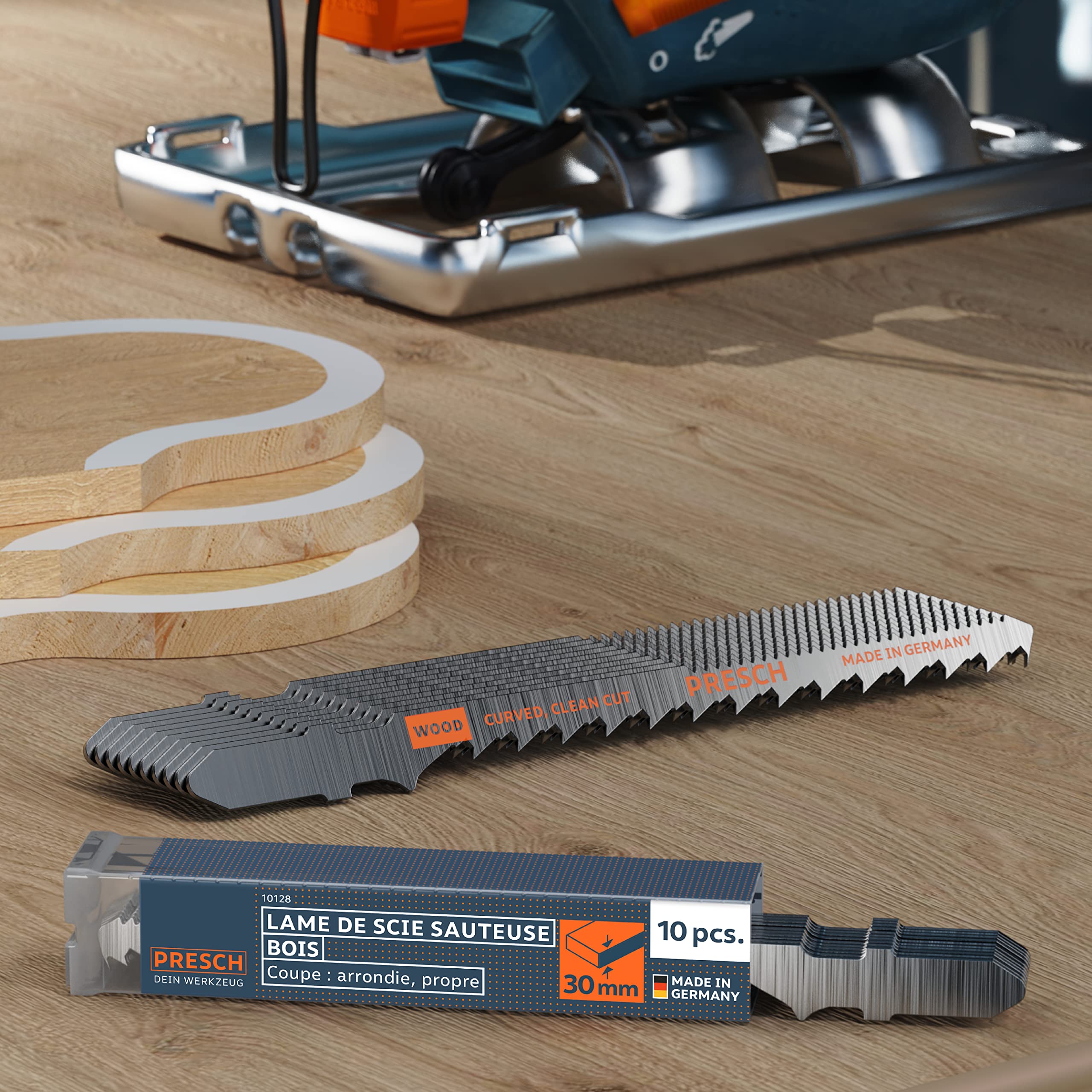 Presch Lames de scie sauteuse Bois 10 pièces - Découpes arrondies très nettes (4-30 mm) - Lames haute longévité à emmanchement en T pour toutes les scies sauteuses - Lame scie sauteuse bois