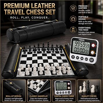 Foldable Leather Travel Roll Up Chess Set Portable