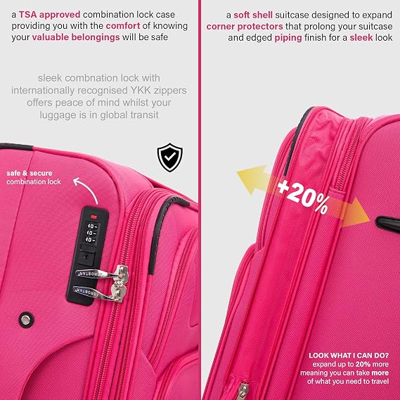 Aerostar Medium 26” Lightweight Softshell Expandable Suitcase, Integrated Combination Lock, 4 Wheels Check in Luggage for 15 to 20kg (Coral Pink, 78 litres)