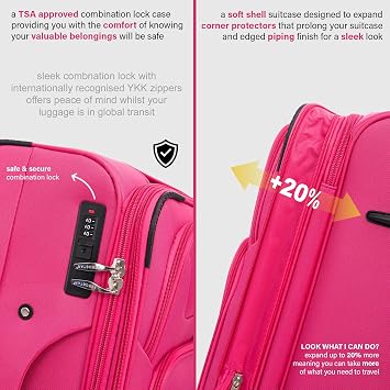 Aerostar Medium 26” Lightweight Softshell Expandable Suitcase, Integrated Combination Lock, 4 Wheels Check in Luggage for 15 to 20kg (Coral Pink, 78 litres)