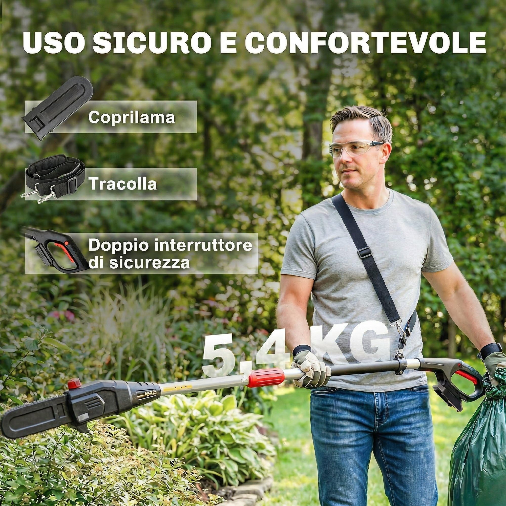 Outsunny Motosega Telescopica a Batteria, Motosega Senza Fili 1.94m/2.56m con Lubrificazione Automatica, Velocità Catena 6m/s, Per Potatura Alberi e Rami, Solo Utensile Senza Batteria