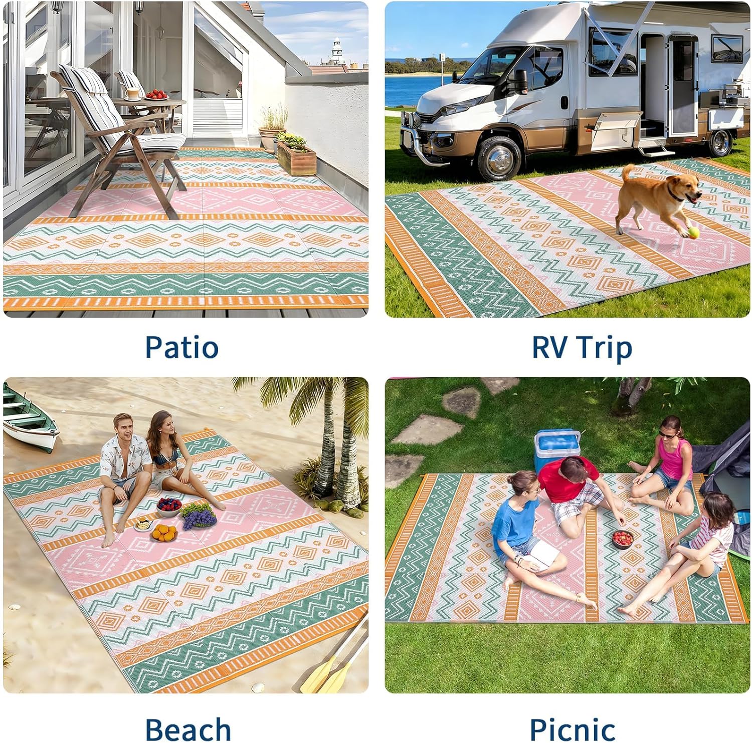 GarveeHome 9x12 Outdoor Area Rug Waterproof Plastic Straw Rug, Reversible RV Mat, Stain-Resistant Indoor Outdoor Carpet for Picnic, Deck, Balcony, Beach, Patio Yellow/Green/Gray/White