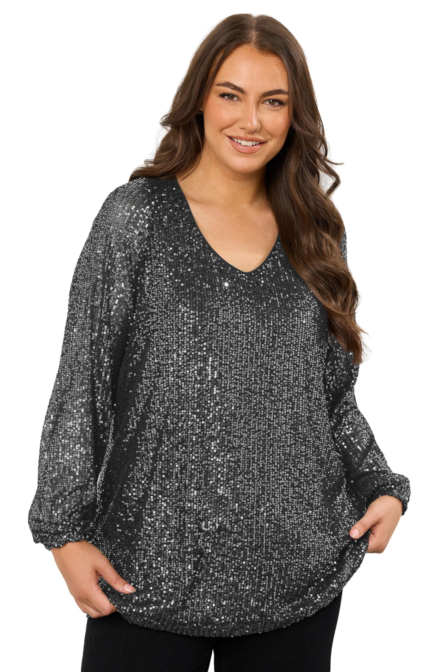 Evans Women's Black Plus Sequin Embellished Balloon Sleeve Top Size 20