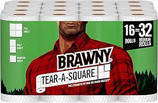 Brawny Tear-A-Square Paper Towels, 16 Double Rolls = 32 Regular Rolls, 3 Sheet Size Options, Quarter Size Sheets