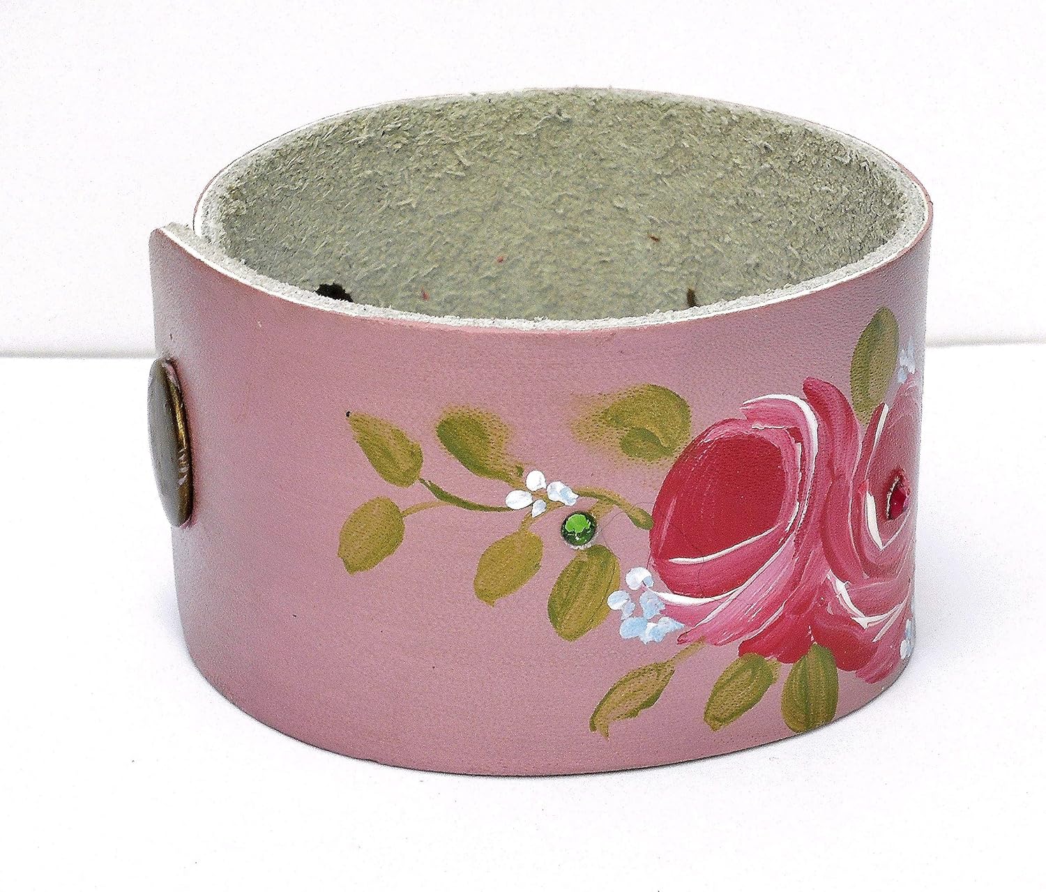 Adjustable Wide Pink Leather Boho Cuff Bracelet with Artist Hand Painted Roses and Flowers Sparkling Crystal Rhinestones Romantic Jewelry