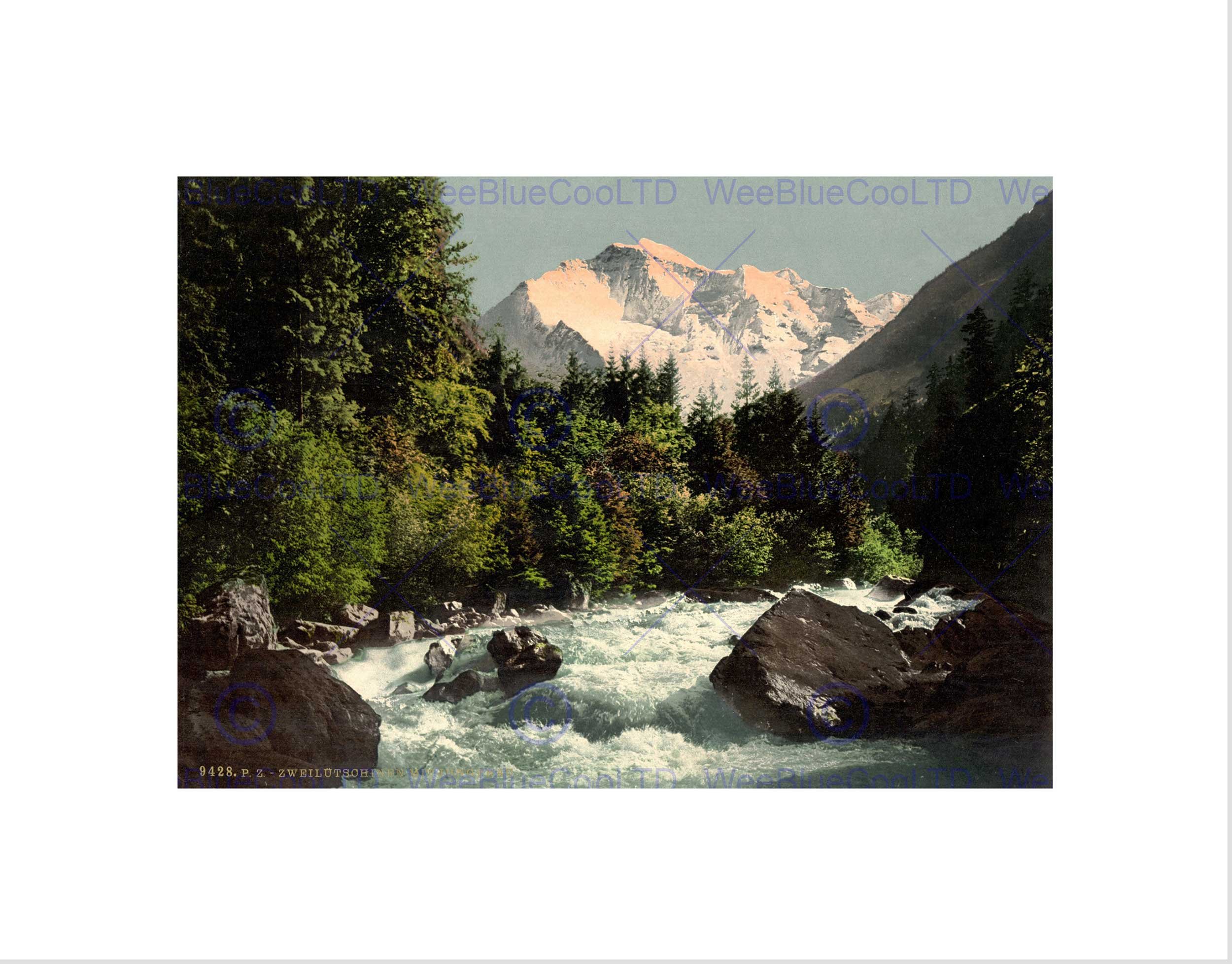 Wee Blue Coo VINTAGE LANDSCAPE MOUNTAIN ALPS SWISS JUNGFRAU RAPIDS FRAMED ART PRINT B12X10392