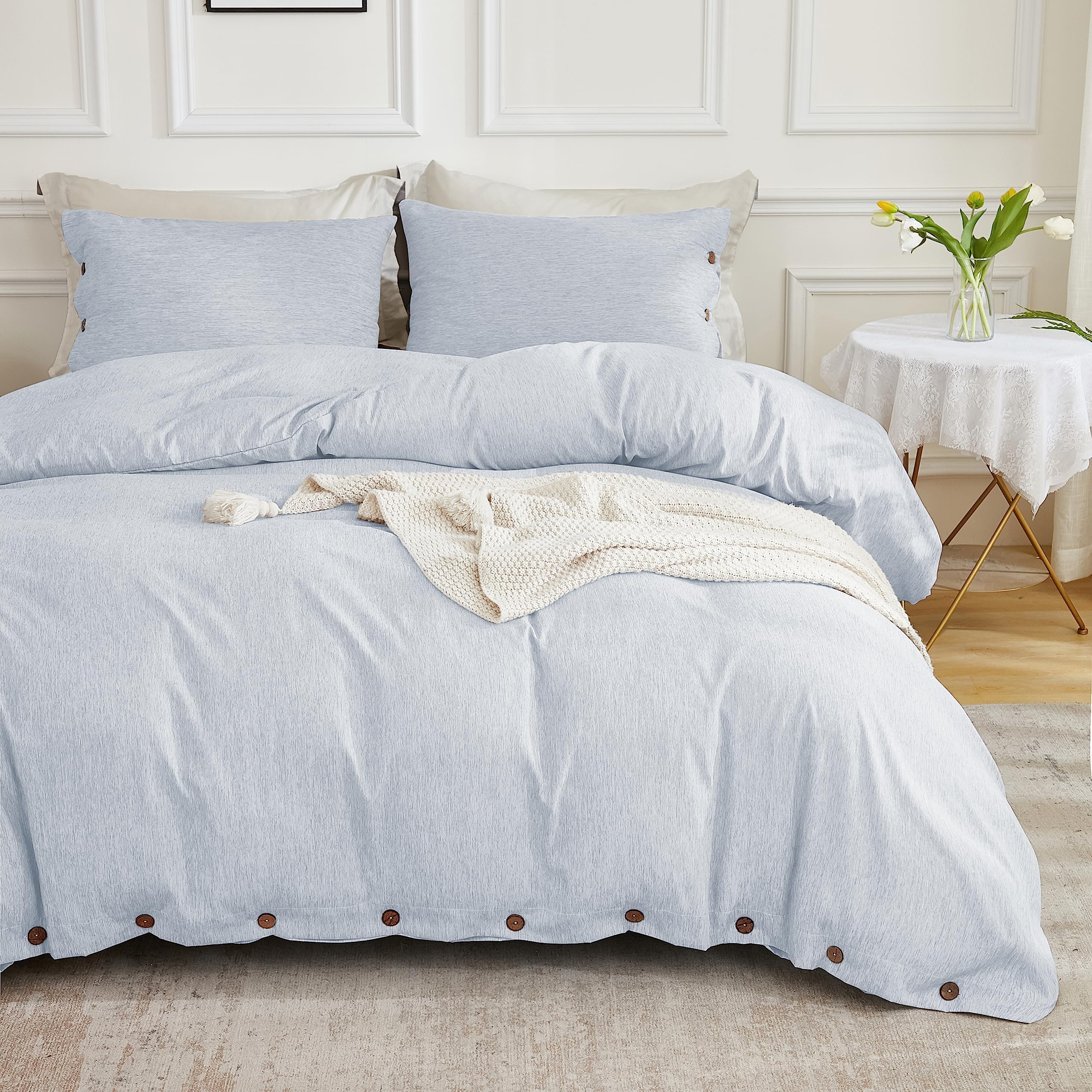 MUKKA Queen Duvet Cover Heather Blue Duvet Cover Queen Size Microfiber Duvet Cover Set with Coconut Buttons Closure, 3 Pieces, 1 Duvet Cover 90x90 Inches and 2 Pillow Case