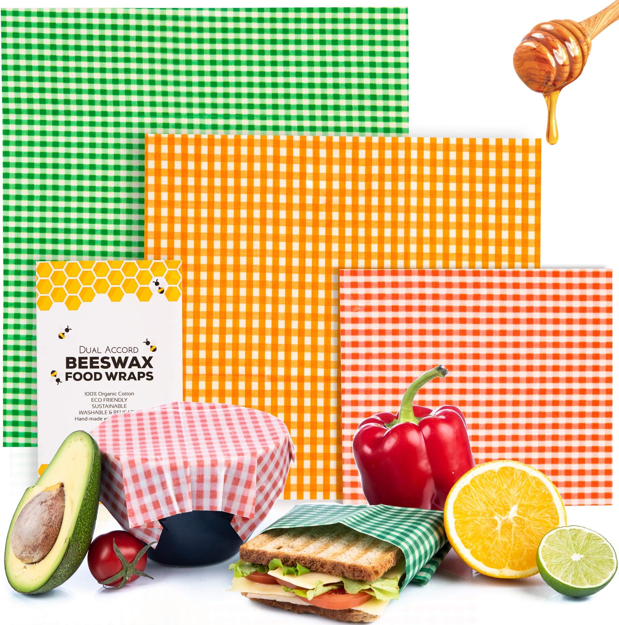 Organic Beeswax Wrap - Zero Waste Bees Wax Wraps For Food | Eco Friendly Alternative To Plastic Wrap, Reusable Sandwich Wrap, Wax Paper | 3 Pack Multicolor Beeswax Food Wrap (Green, Orange, Red)