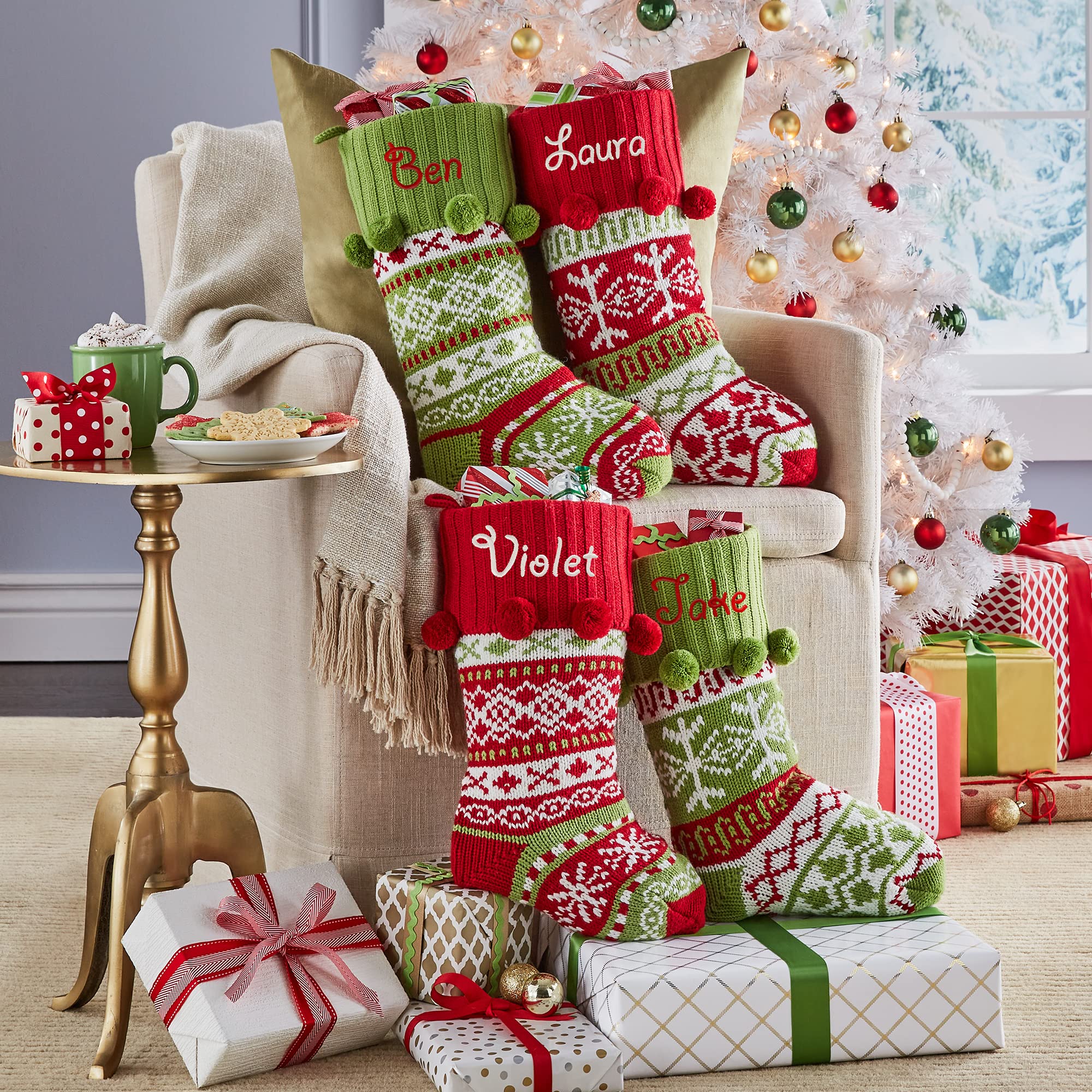Let's Make Memories Knit Family Christmas Stockings with Custom Embroidery - Red Snowflake