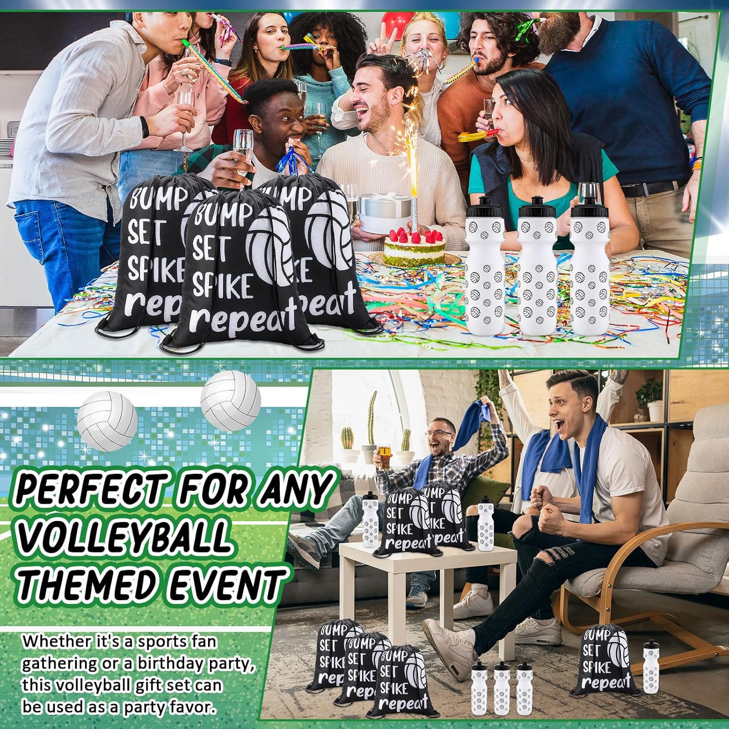 Talltalk 24 Pcs Volleyball Water Bottle and Drawstring Bag Set Volleyball Party Favor 24 oz Sports Squeeze Bottles with Drawstring Bags for Team Gifts Goodie Gift Bag Birthday Decorations