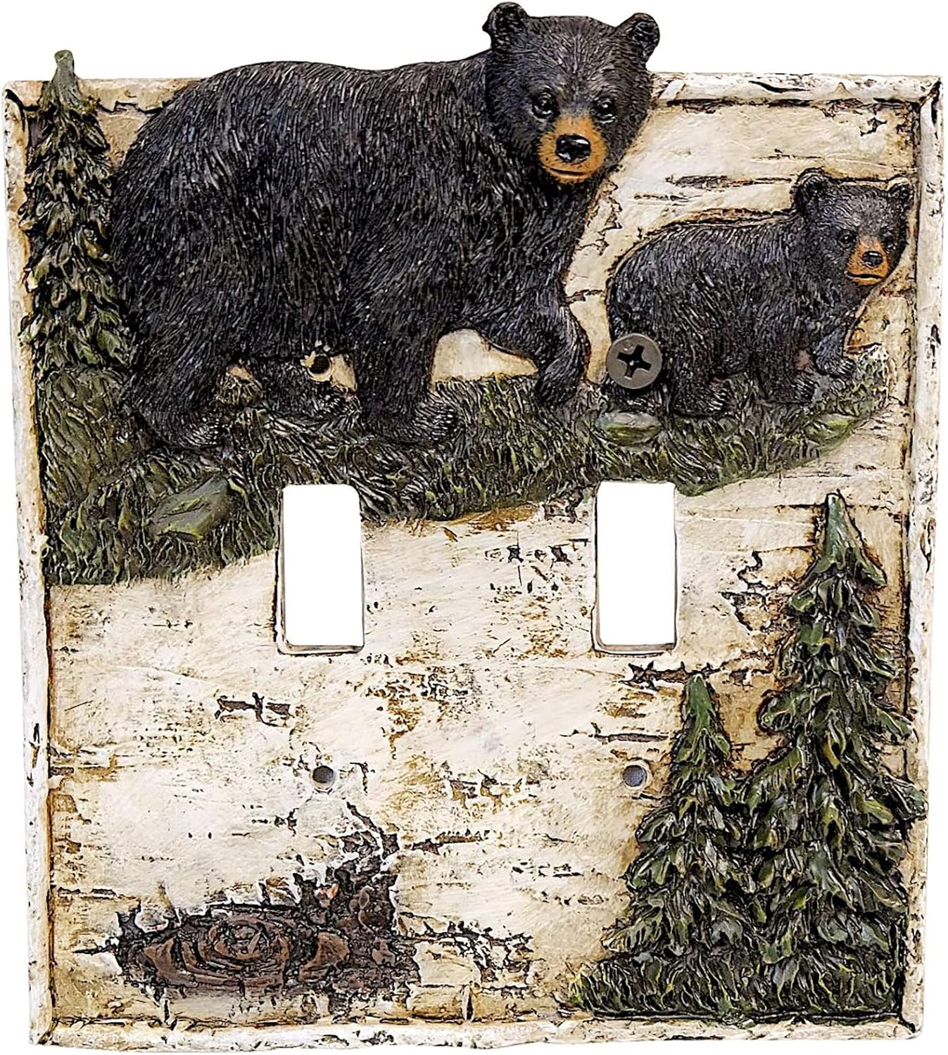 Black Bear on Birch with Pine Trees Double Switch Cover Wall Plate Cabin Lodge Home Decor