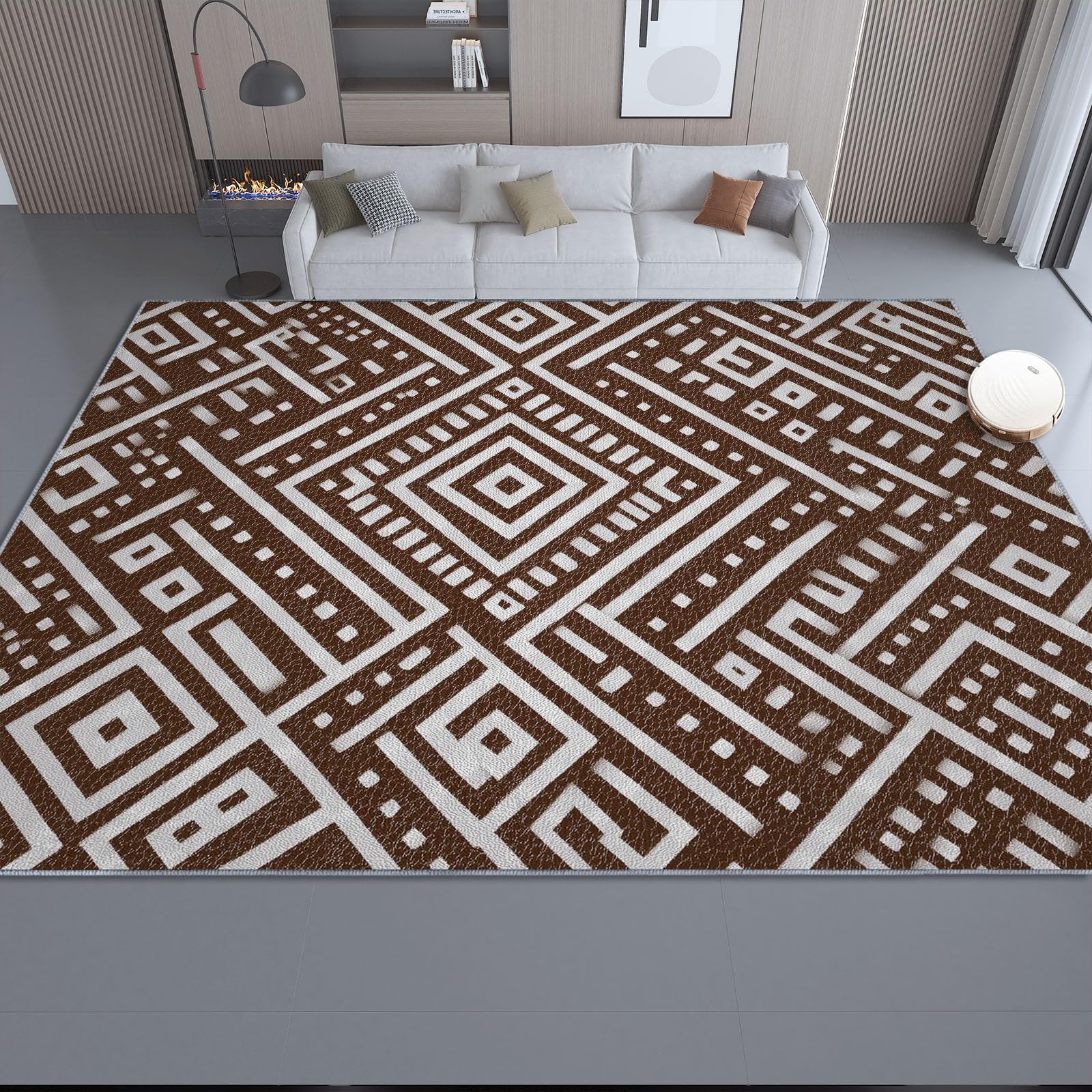 Tapis de Salon 80 x 150 cm – Antidérapant, Doux et Épais Lavable en Machine, Motif Motifs Aztèques – Tapis de Sol pour Chambre, Salle de Séjour, Brun