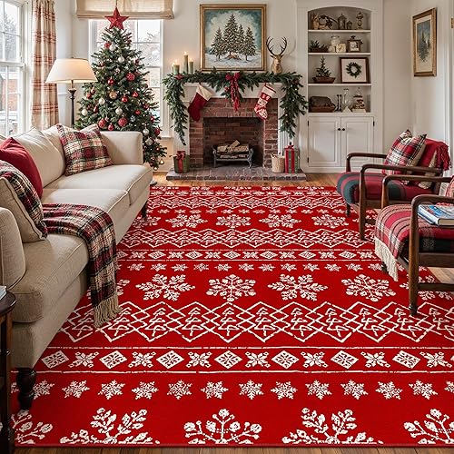Miniatura 16 de Alfombra de área de Navidad 5 x 7 pies, copos de nieve rojos, alfombra decorativa festiva para sala de estar, dormitorio, alfombra antideslizante