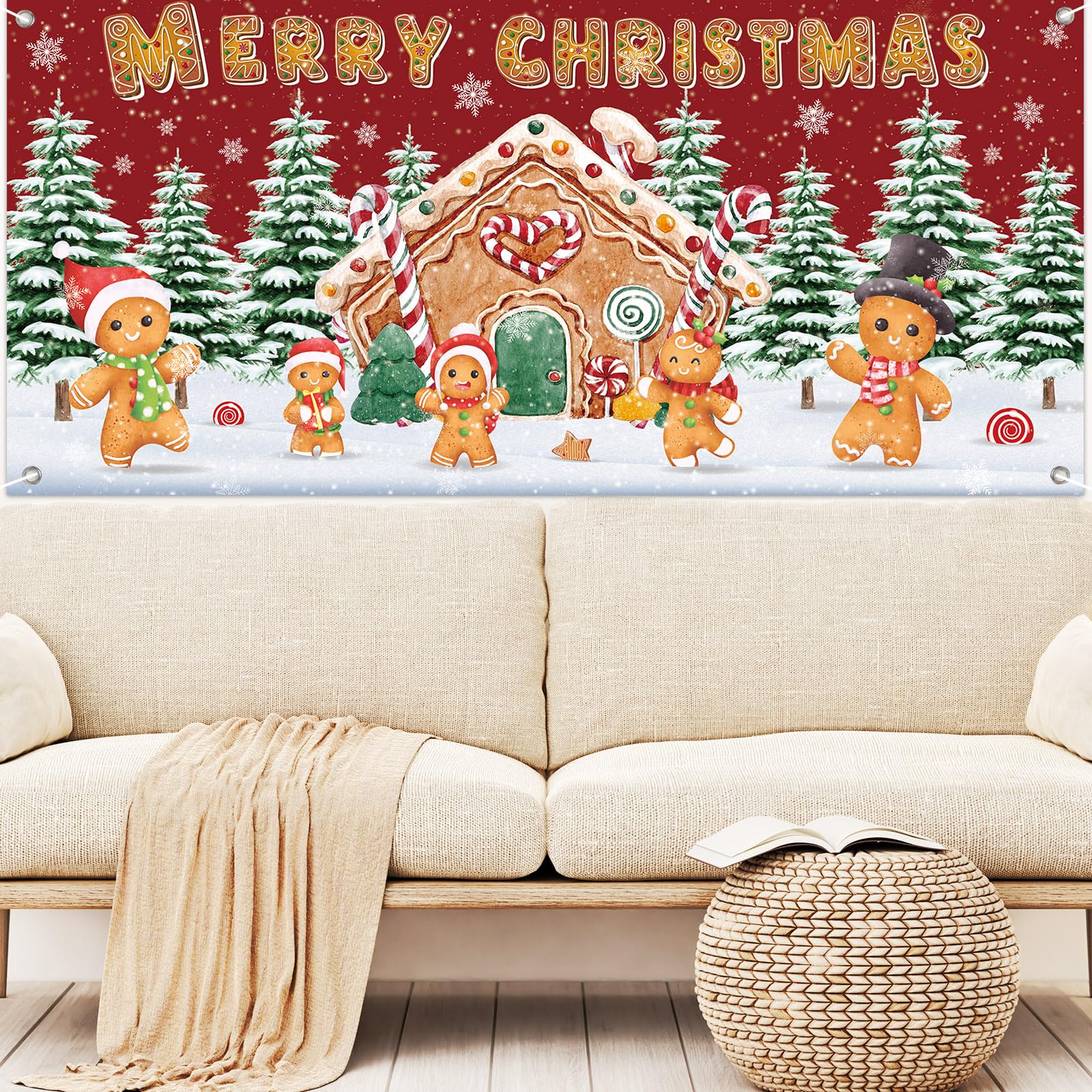 JarThenaAMCS Cartel de puerta de garaje con texto en inglés "Merry Christmas", para árbol de Navidad, hombre de jengibre, 6 x 13 pies, letrero grande nevado para patio interior y exterior, fiesta en