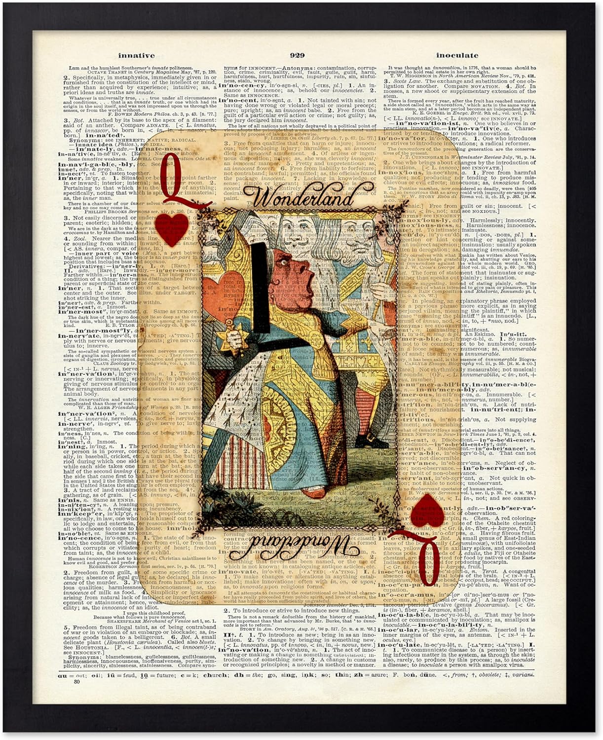 Poster Master Red Queen Print - Dictionary Poster - Queen of Hearts Card Art - Alice Wonderland Wall Design - Gift for Boy, Girl - Rustic Decor for Nursery, Kid's Room - 11x14 Black Framed