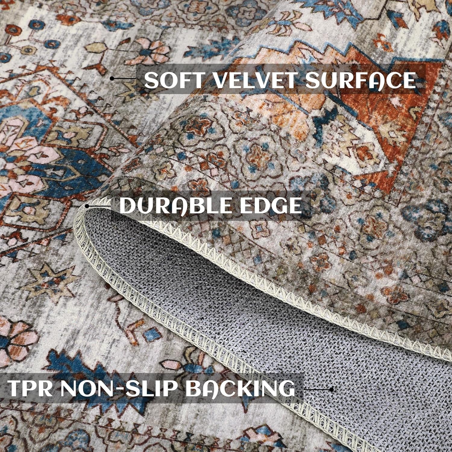Washable 5x7 Area Rugs Vintage Oriental Living Room Rug Stain-Resistant Low Pile Non Slip Indoor Distressed Print Carpet for Bedroom Dining Room Farmhouse Home Office College Dorm,Brown
