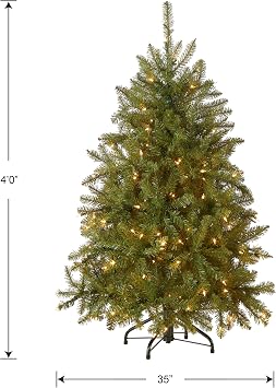 National Tree Company 4 ft Pre-Lit Dunhill Fir Mini Artificial Christmas Tree, 200 Warm White LED Lights, 559 Tips, Includes Stand, Green