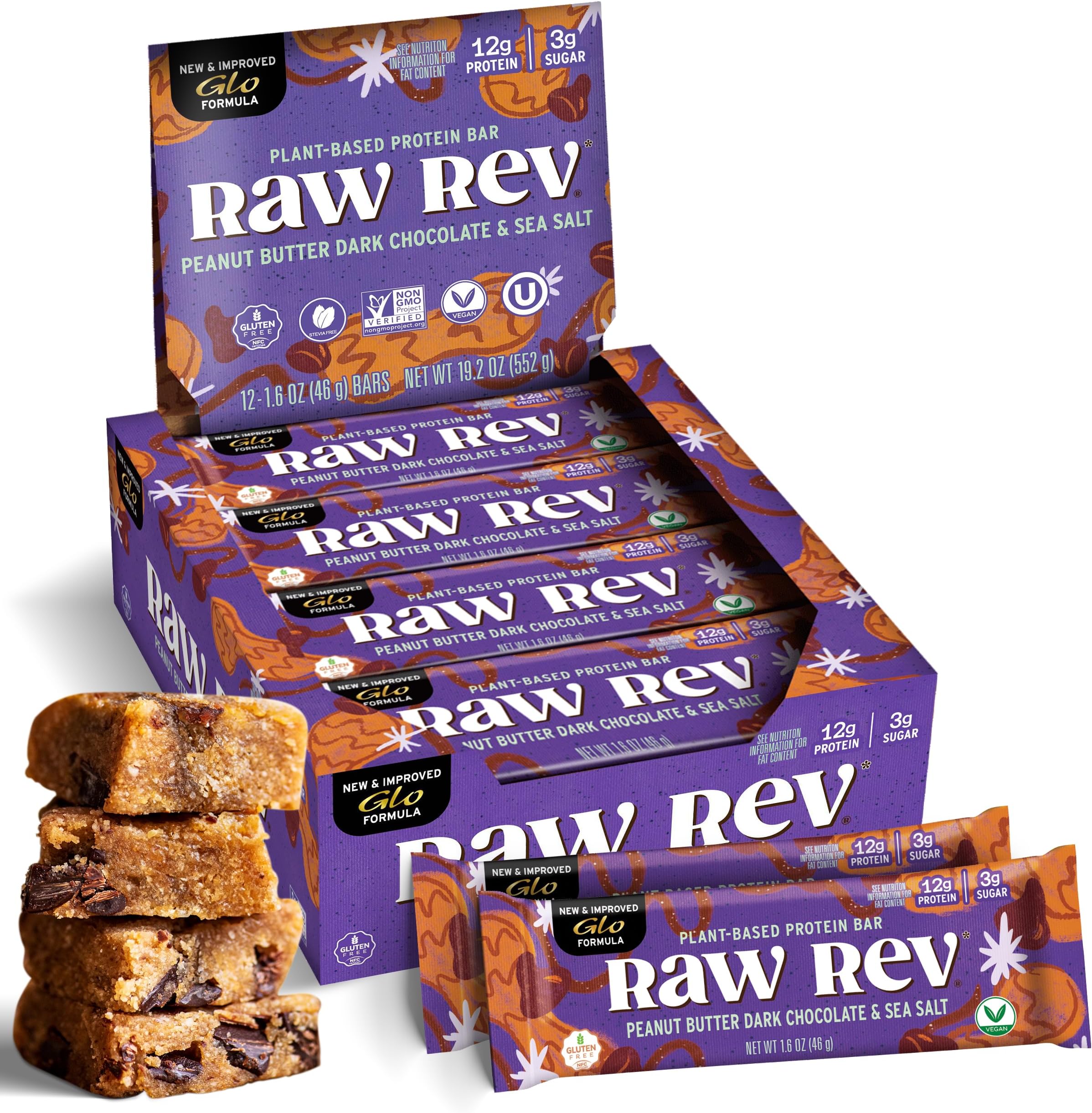 Raw Rev Vegan Protein Bars- Peanut Butter Dark Chocolate & Sea Salt, 12 bars, Non-GMO, Plastic-Neutral, Nothing Artificial, Glo Formula, Gluten-Free, Keto-Friendly, Paleo, Kosher, No Sugar Alcohols, No Stevia