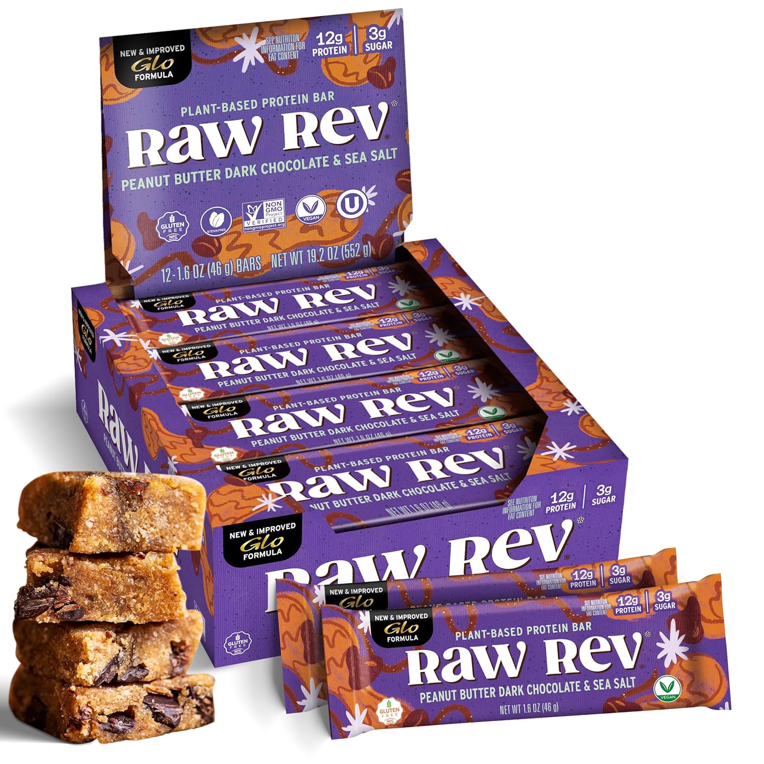 Raw Rev Vegan Protein Bars- Peanut Butter Dark Chocolate & Sea Salt, 12 bars, Non-GMO, Plastic-Neutral, Nothing Artificial, Glo Formula, Gluten-Free, Keto-Friendly, Paleo, Kosher, No Sugar Alcohols, No Stevia