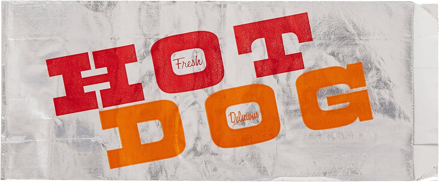 Bagcraft Foil Single-Serve Bags, 3.5" x 8.5", Silver/"Hot Dog" Design, 1,000/Carton