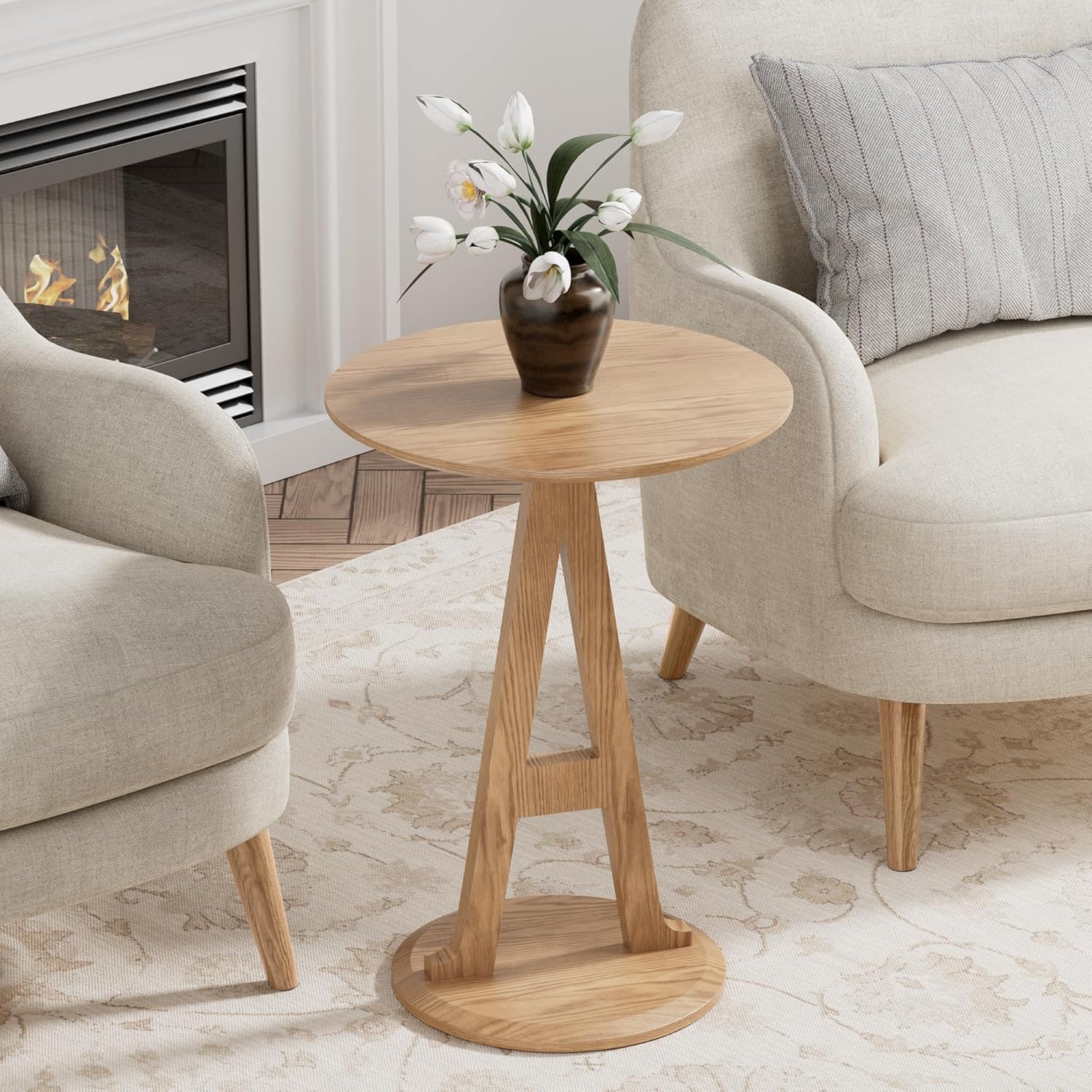 Aoligrace Round Sofa Table, Unique Console Table with Letter A Leg, Wooden Accent Tables for Couch, Living Room, Walnut Entryway Table for Small Spaces, Bedroom, Corner, Easy to Assemble
