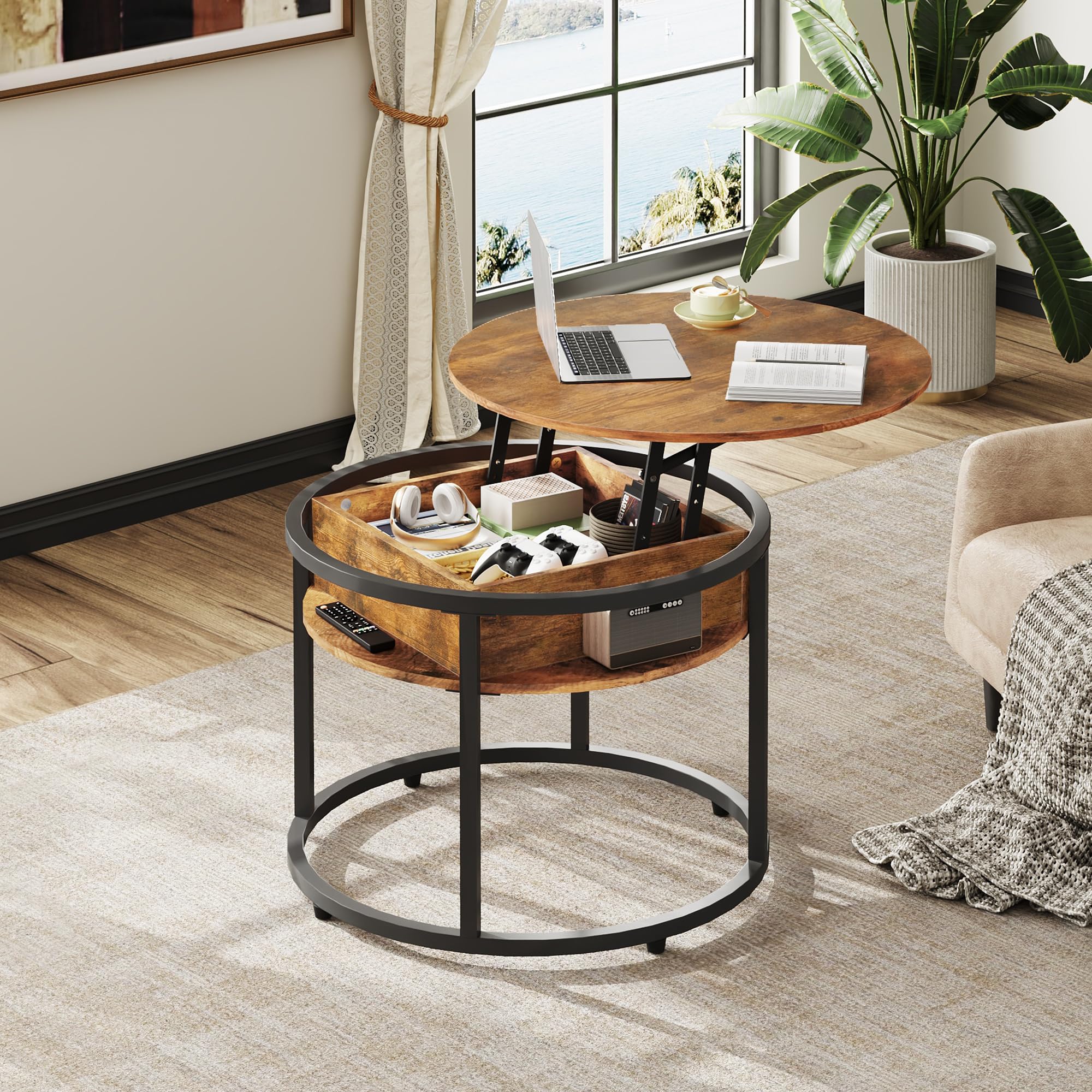 WLIVE Couchtisch Rund mit Hebeplatte, Wohnzimmertisch Höhenverstellbar mit Stauraum, 60 x 60 x 50 cm, Kaffeetisch für Wohnzimmer, Balkon und Büro (Rustikales Braun, 60 Durchmesser)
