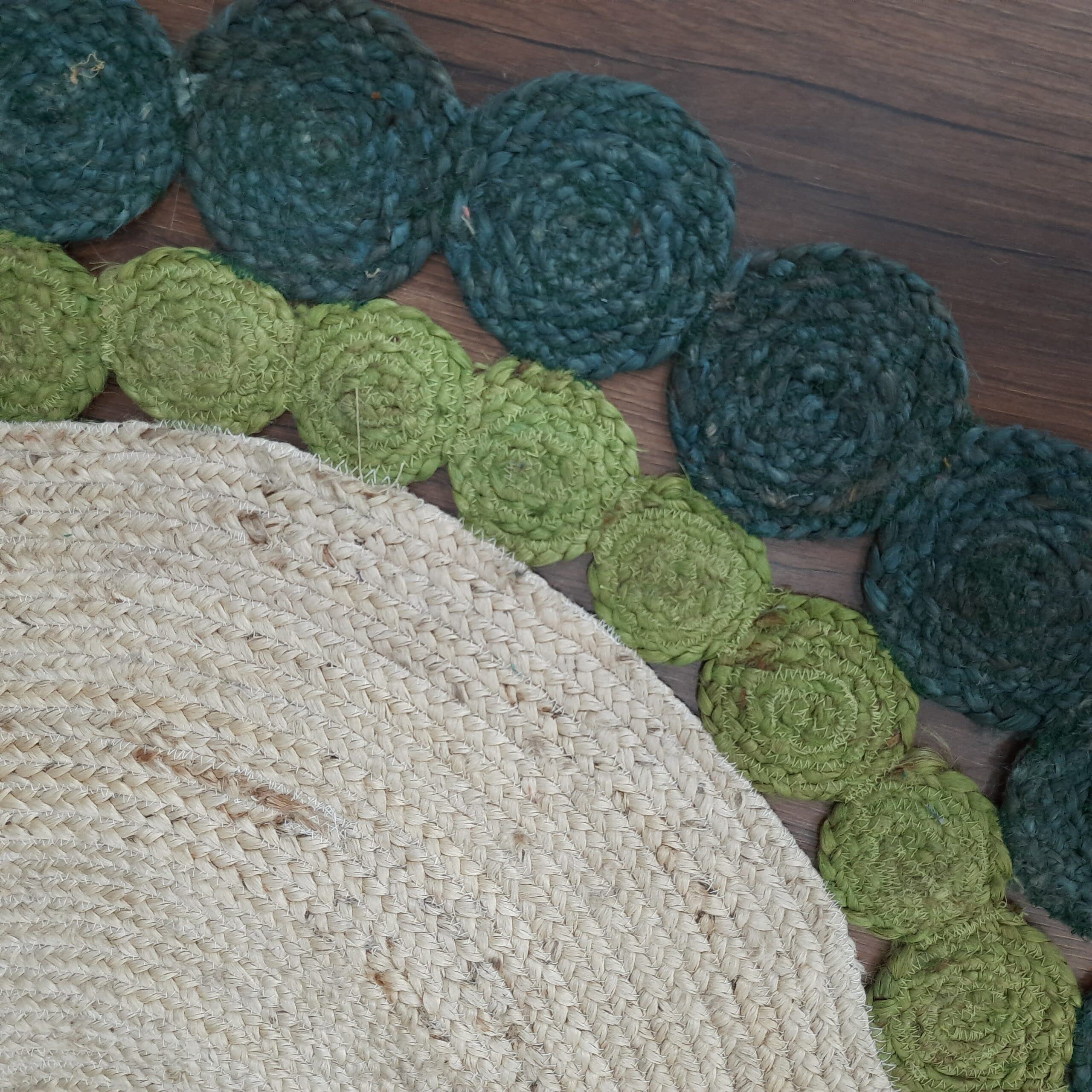 Tapis rond décoratif en jute naturel tressé à la main - Blanc et vert