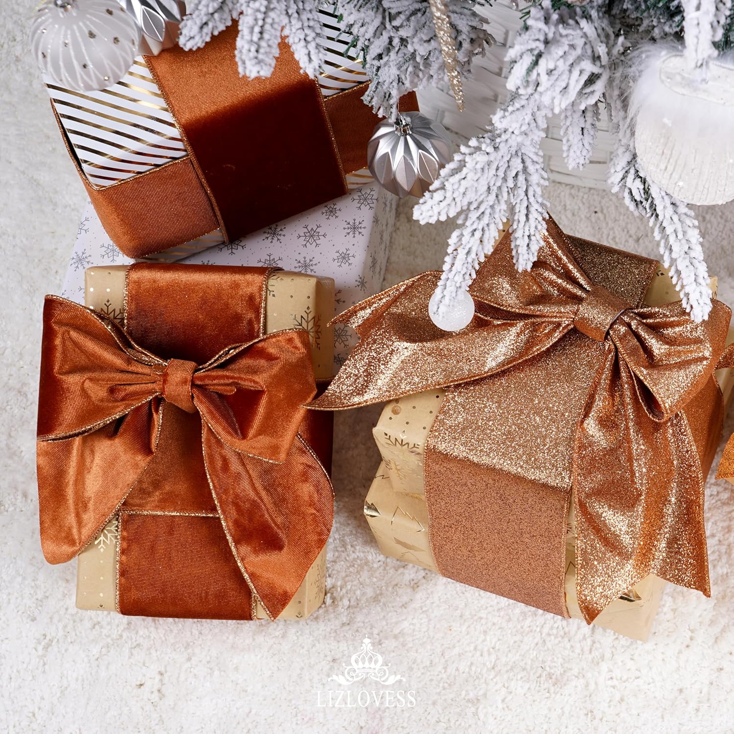 Copper Velvet Wired Ribbon with Glitter Back 4 Inch Copper Christmas Ribbon Wired Ribbon for Christmas Tree Decorations, Gift Wrapping, Crafts, Wreaths Supplies, Topper Bows (10 Yards)