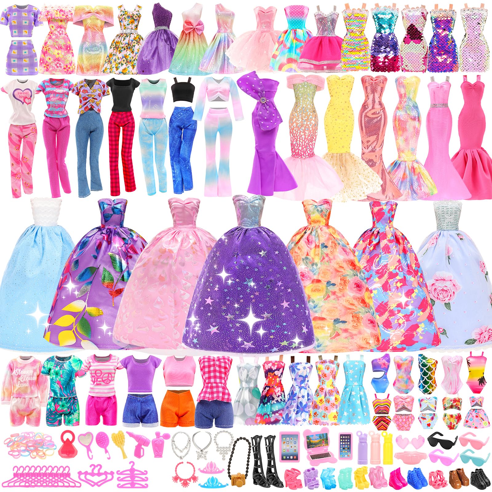 70 Pack Doll Clothes and Accessories 5 Wedding Gown Dresses 9 Fashion Dresses Slip Dress 3 Tops 3 Pants 2 Swimsuits Bikini 16 Shoes 15 Hangers and 63 Accessories for 11.5 inch Doll