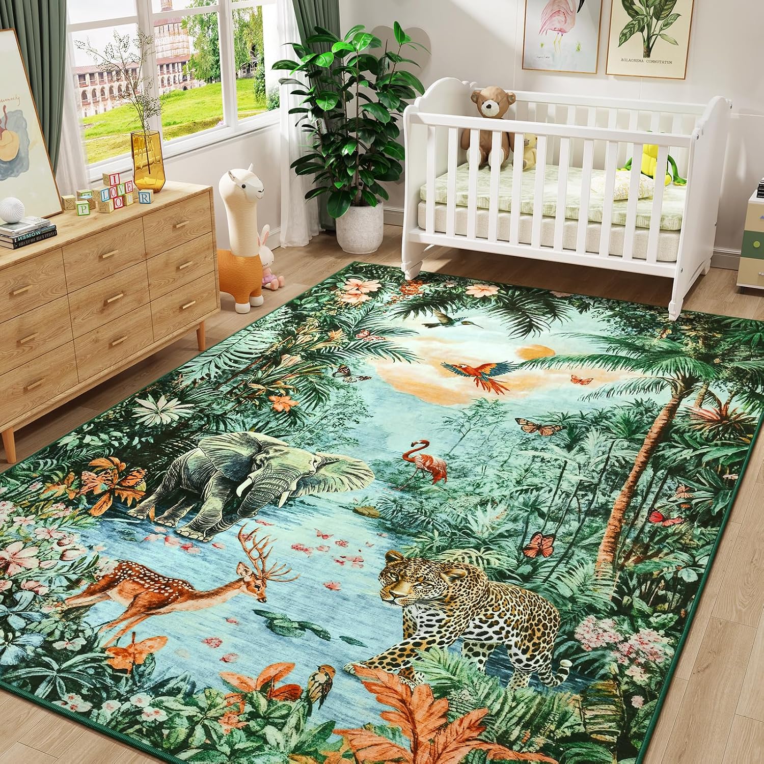 Amearea Jungle 8x10 Large Rugs for Living Room, Washable Green Area Rug 8 x 10 Forest Animal Rug, Low Pile Kids Nursery Room Rug, Soft Leopard Rugs Carpet for Boys Girls Playroom Dining Room Decor