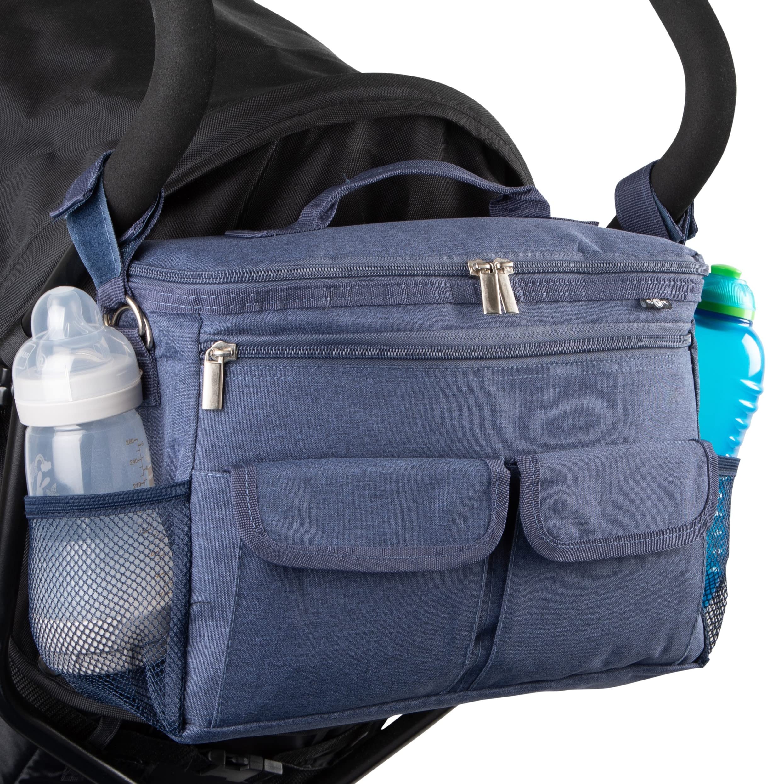 BTR Borsa per passeggino o carrozzina - Nera – Resistente all’acqua. Misura universale. Plus 2 Passeggino della clip. Taglia unica. Blu Passeggino Organizer blu