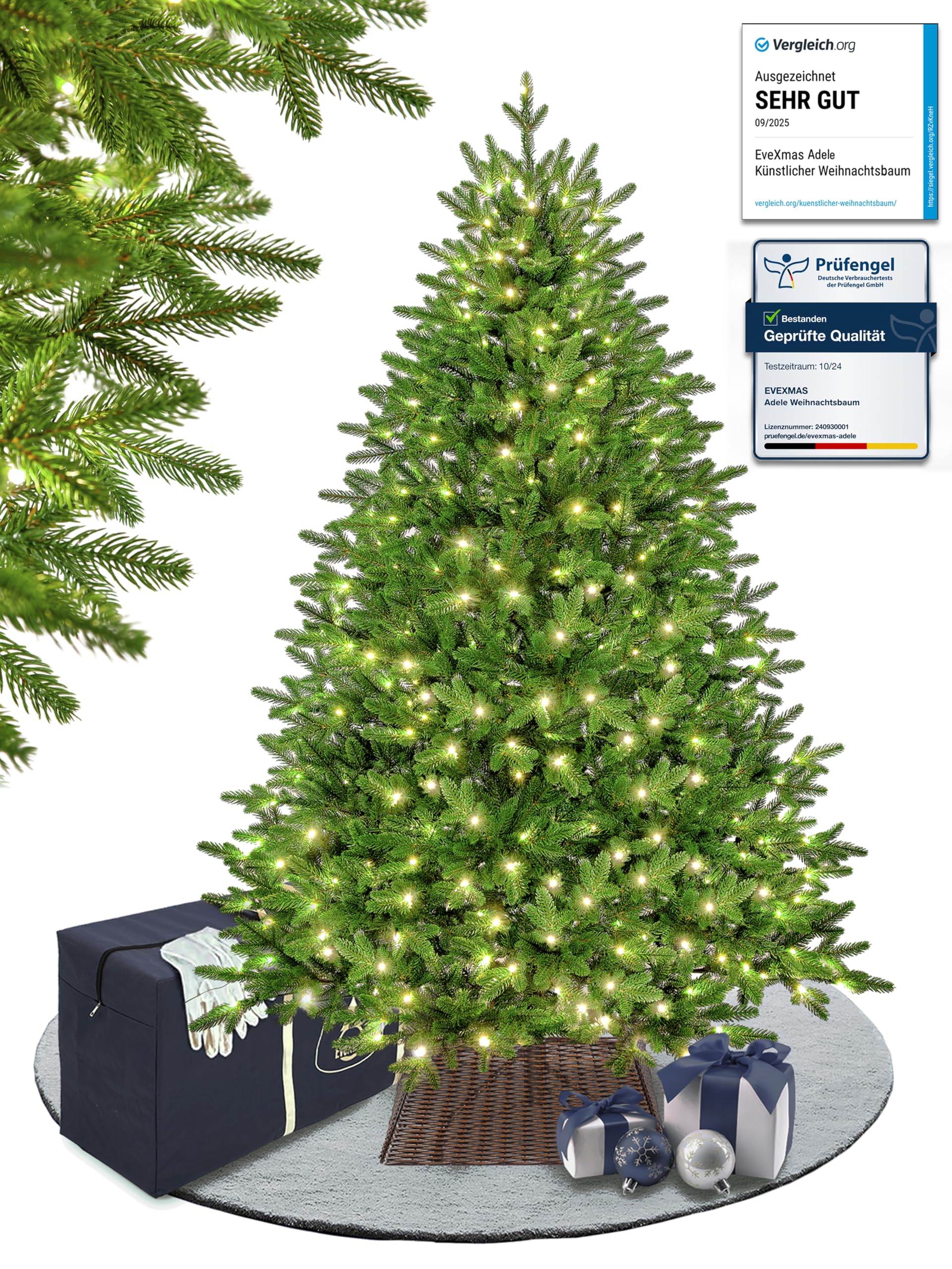 EveXmas Adele Künstlicher Weihnachtsbaum 185 cm mit 320 LED warmweiß, 591 Zweige, 100% PE Spritzguss – Christbaum und Tannenbaum grün, inkl. Metallständer, Tasche und Baumkorb