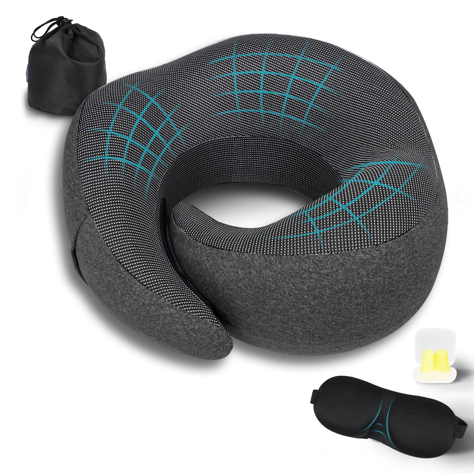 MULIHOMI Travel Pillow for Airplane with 100% Memory Foam, 360° Adjustable Full Surrounding Flying Neck Pillows, Travel Pillow Set with 3D Eye Masks, Earplugs (Black)