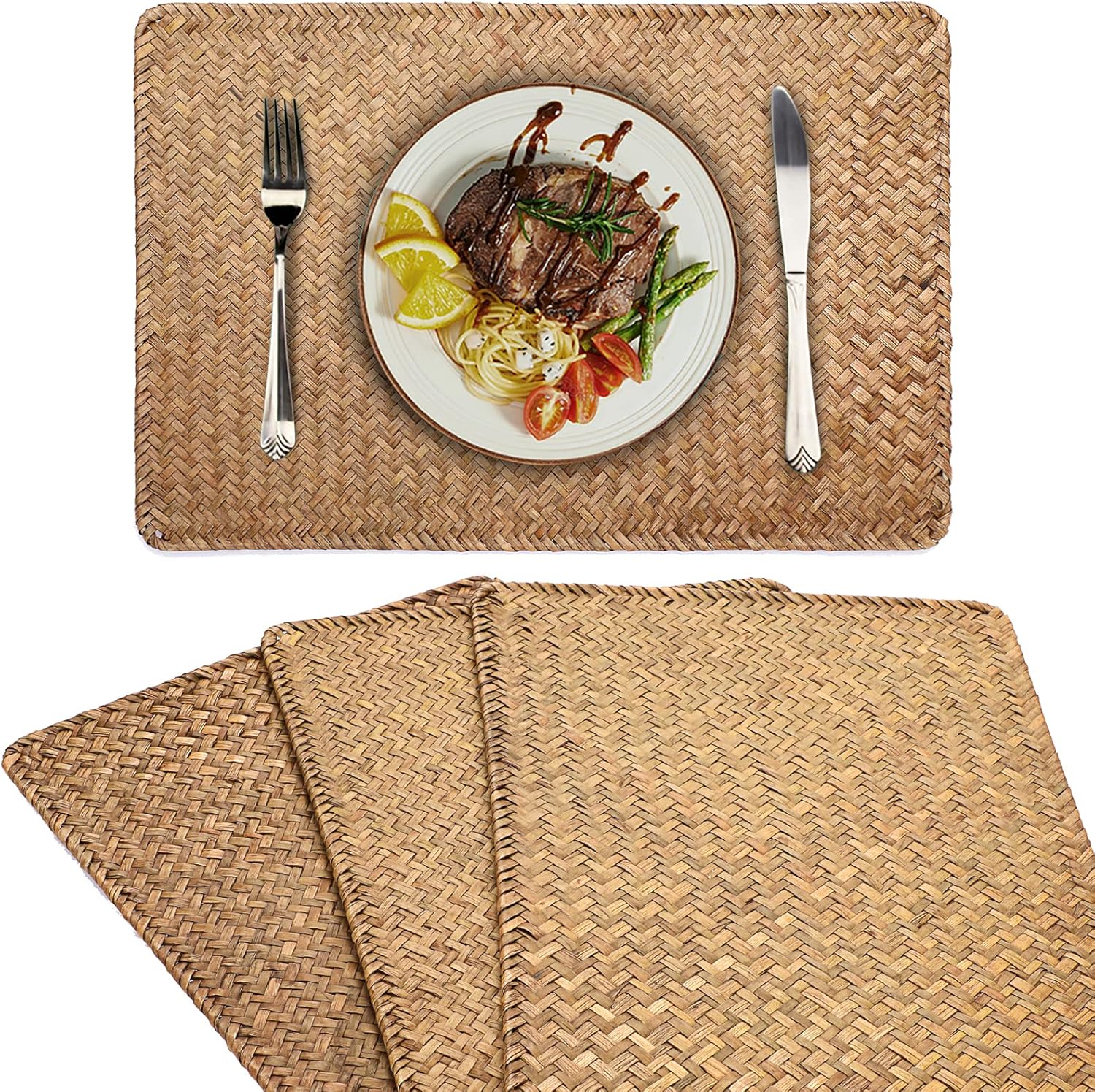 BTSKY 4PCS 43.5X30cm Seagrass Woven Rattan Place Mats Rectangular