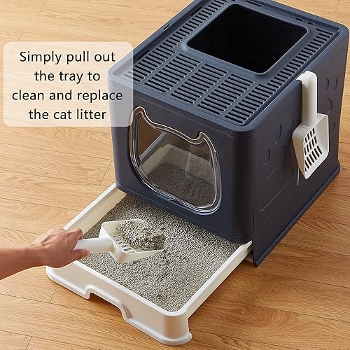 Miniatura 7 de Caja de arena para gatos con tapa, plegable y cerrada, orinal con tapa, entrada frontal y salida superior, cajas de arena para gatos, tipo cajón,