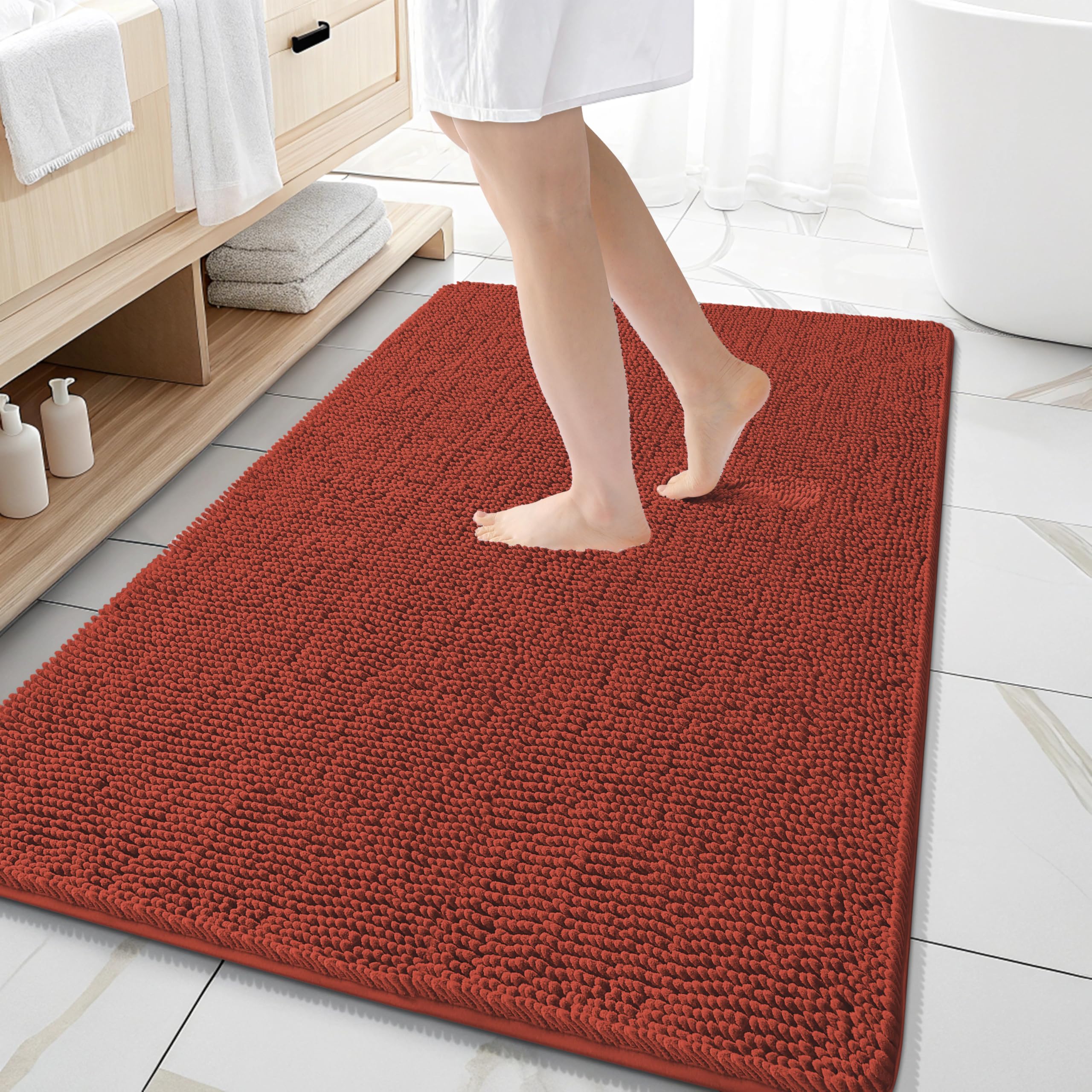 OLANLY Large Bathroom Rugs 59x35, Extra Soft Absorbent Chenille Bath Rugs | Rustic Terracotta, Quick-Drying Rubber Backing, Washable Bath Mat for Bathroom Floor, Tub and Shower, Home Decor Accessories