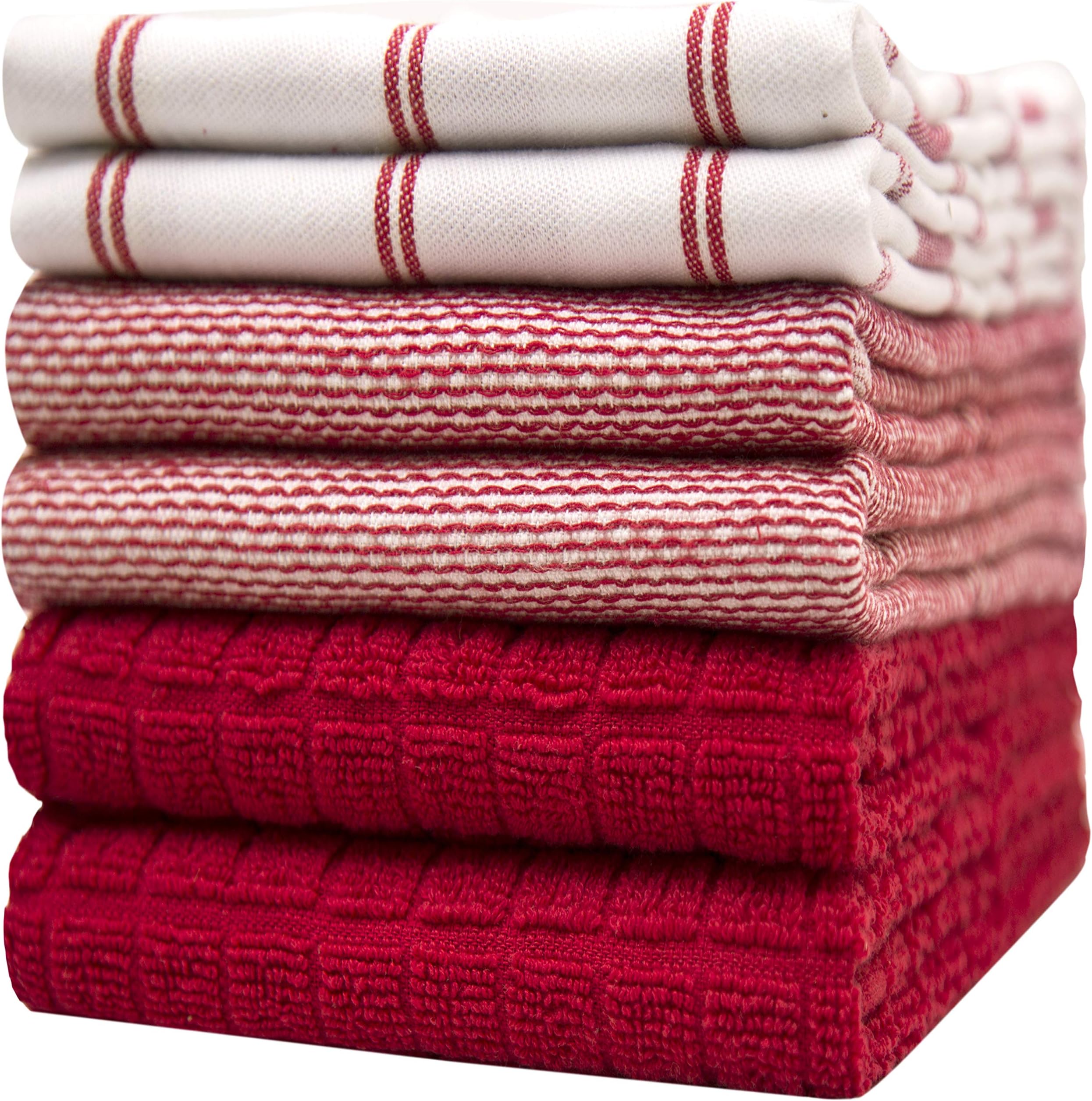 Bumble Towels Premium Kitchen (20”x 28”, 6 Pack) – Large Cotton Kitchen Hand – Flat & Terry Towel – Highly Absorbent Tea Set with Hanging Loop (Red Check)