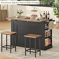 Vista 6 de Keyluv Isla de almacenamiento de cocina con 2 taburetes, carrito de cocina móvil de 51 pulgadas con hoja de caída y toma de corriente, mesa de isla