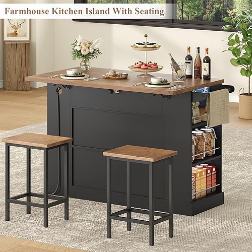 Miniatura 6 de Keyluv Isla de almacenamiento de cocina con 2 taburetes, carrito de cocina móvil de 51 pulgadas con hoja de caída y toma de corriente, mesa de isla