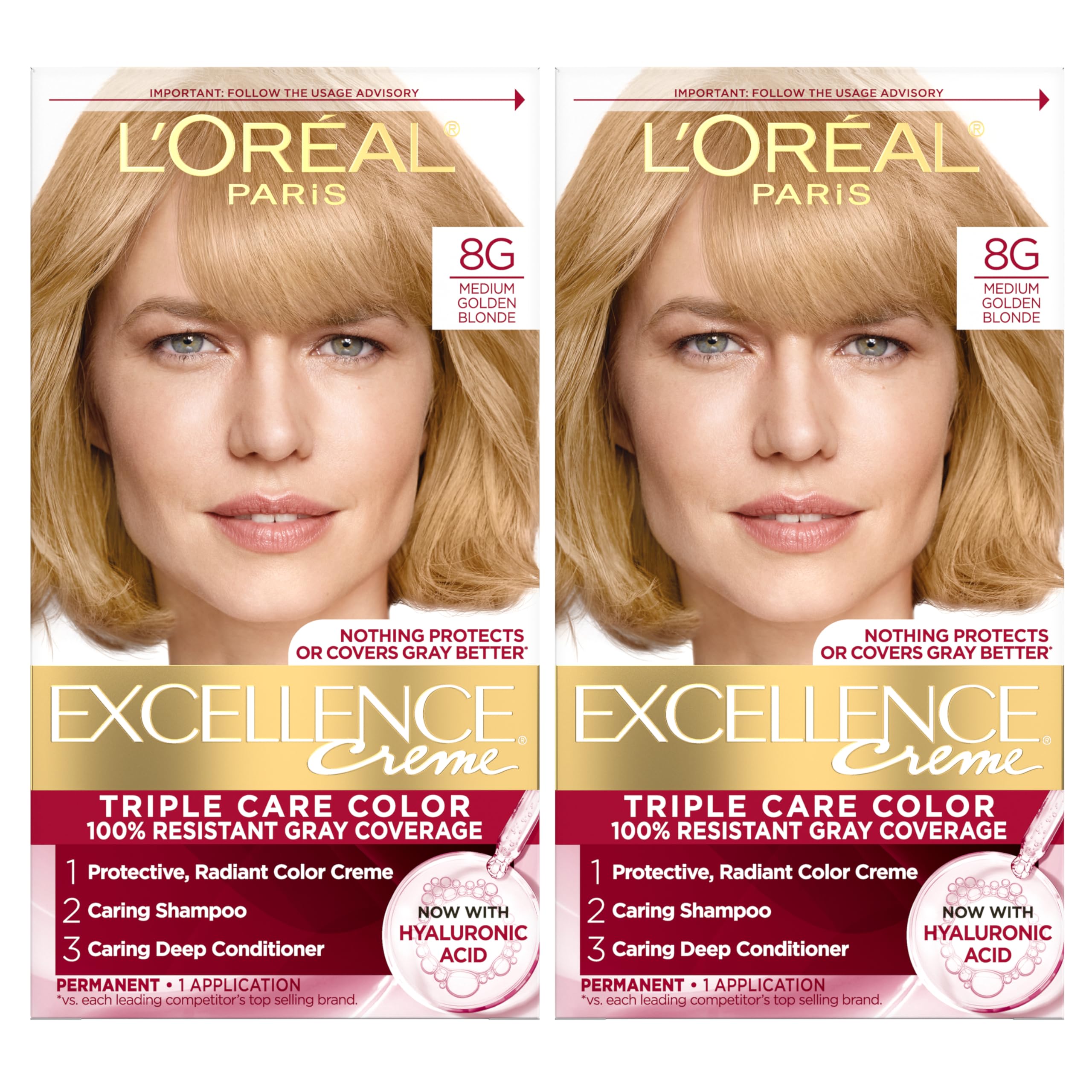Excellence Crème Permanent Hair Dye, Triple Care Hair Color with Hyaluronic Acid for 100% Gray Coverage, 8G Medium Golden Blonde, 1 Kit (Pack of 2) (Packaging May Vary)