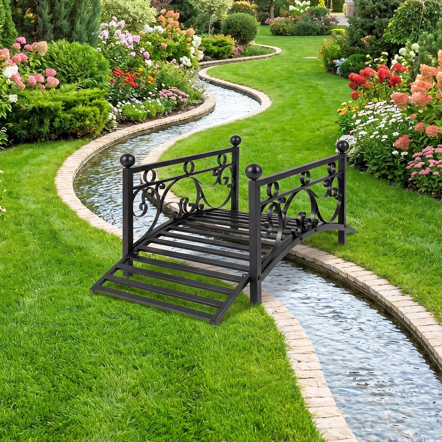 Giantex 3.3 FT Metal Garden Bridge, 330 lbs Capacity Outdoor Landscape Bridges with Powder-Coated Finish & Scrollwork Rails, Decorative Bridge for Backyard, Lawn, Garden Pathway, Easy Assembly
