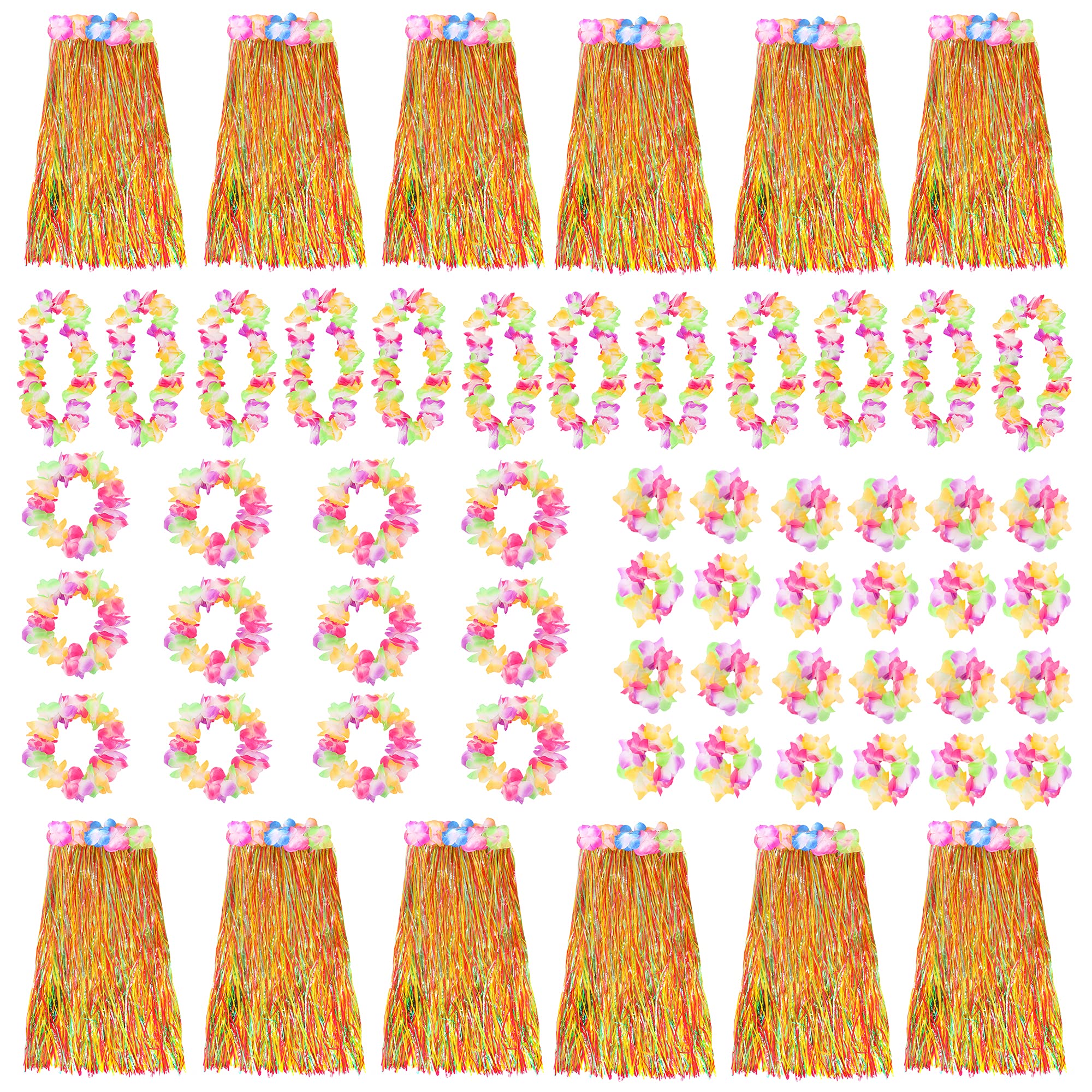 Multicoloured Hawaiian Hula Skirt and Multicoloured Lei Set X12 - Flower Necklace, Headband and Bracelet - 80cm Grass Hula - Luau - Fancy Dress Costume Accessory