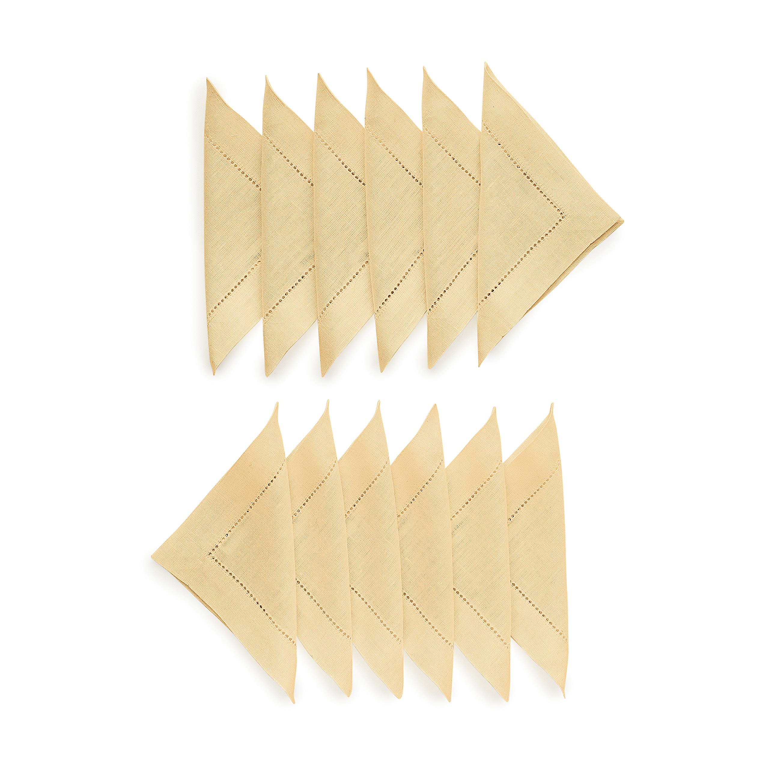 Solino Home Linen Hemstitch Cocktail Napkins Set of 12-6 x 6 Inch, 100% Pure Linen Beige Cloth Cocktail Napkins for Fall, Autumn, Thanksgiving, Christmas - Classic Hemstitch