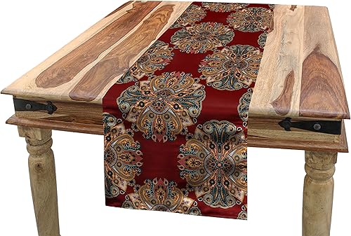 Miniatura 8 de Lunarable Camino de mesa color granate, diseño inspirado en rosetas de damasco chino, antiguo oriental vibrante, alfombra rectangular para comedor y